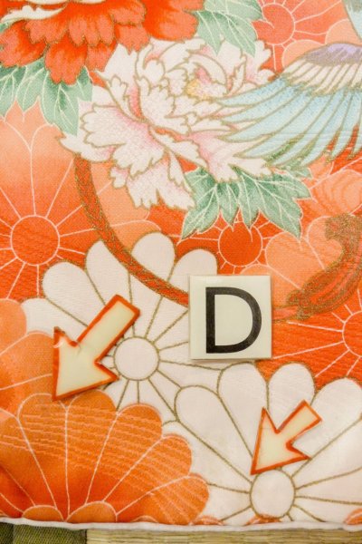 Photo17: O1225O Vintage Japanese kimono Shiny Vivid Red Kimono for Girls for women / Synthetic. Peony (Grade C) (17)