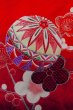 Photo6: O1225Q Vintage Japanese kimono Shiny Vivid Red Kimono for Girls for women / Synthetic. Chrysanthemum, Japanese traditional ball pattern (Grade B) (6)