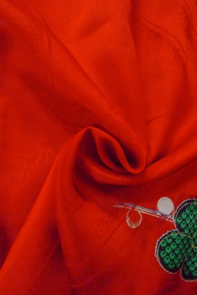 Photo11: O1225Q Vintage Japanese kimono Shiny Vivid Red Kimono for Girls for women / Synthetic. Chrysanthemum, Japanese traditional ball pattern (Grade B) (11)