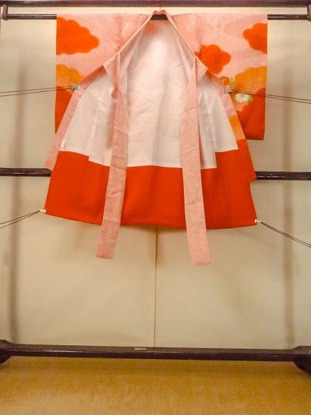 Photo2: O1225W Vintage Japanese kimono Vermilion Kimono for Girls for women / Silk. Peony (Grade B) (2)