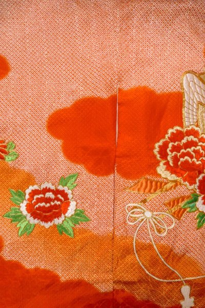 Photo3: O1225W Vintage Japanese kimono Vermilion Kimono for Girls for women / Silk. Peony (Grade B) (3)