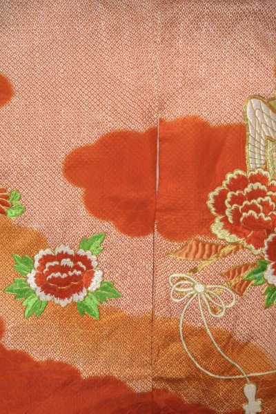Photo4: O1225W Vintage Japanese kimono Vermilion Kimono for Girls for women / Silk. Peony (Grade B) (4)