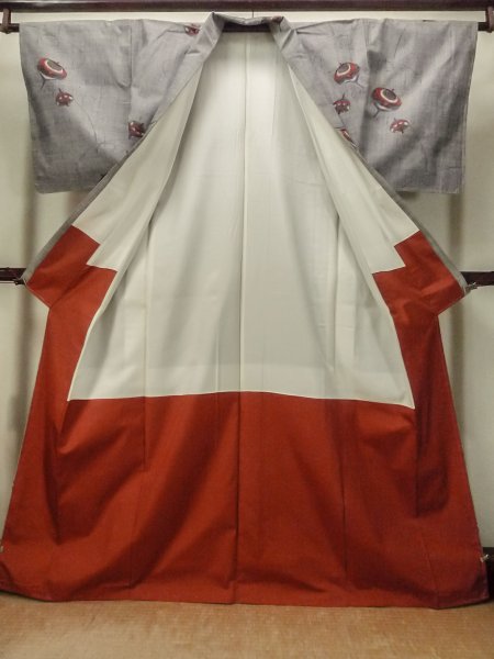 Photo2: Mint O1225Y Vintage Japanese kimono Gray TSUMUGI pongee for women / Silk., Japanese traditional spinning top pattern (Grade A) (2)