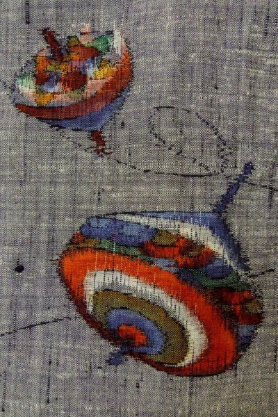 Photo5: Mint O1225Y Vintage Japanese kimono Gray TSUMUGI pongee for women / Silk., Japanese traditional spinning top pattern (Grade A) (5)