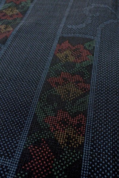 Photo8: Mint O1225Z Vintage Japanese kimono Navy Blue TSUMUGI pongee for women / Silk. Chinese flower (Grade A) (8)