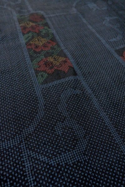 Photo10: Mint O1225Z Vintage Japanese kimono Navy Blue TSUMUGI pongee for women / Silk. Chinese flower (Grade A) (10)