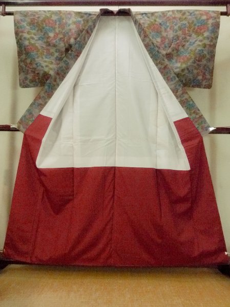 Photo2: Mint O1226D Vintage Japanese kimono Pale Grayish Multi Color TSUMUGI pongee for women / Silk. Flower (Grade A) (2)