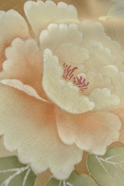 Photo12: P0109A Antique Japanese kimono Light Brown TOMESODE formal for women / Silk. Flower, The lining has holes or rips. There are some small holes. Aging deterioration. Base woven pattern: Threads roll pattern (Grade D) (12)