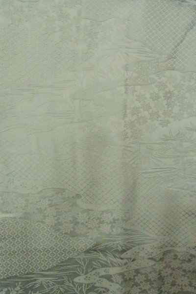 Photo3: P0109I Vintage Japanese kimono Pale Grayish Light Blue HAORI short jacket for women / Silk., Base woven pattern: mountains, river, stream, Crossed circles, Dapple pattern (Grade C) (3)