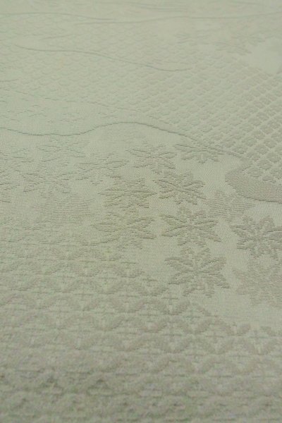 Photo9: P0109I Vintage Japanese kimono Pale Grayish Light Blue HAORI short jacket for women / Silk., Base woven pattern: mountains, river, stream, Crossed circles, Dapple pattern (Grade C) (9)