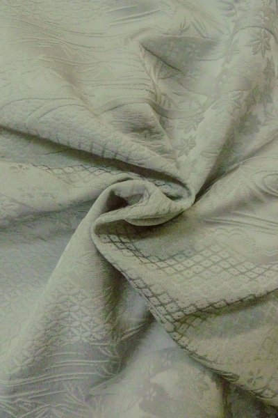 Photo12: P0109I Vintage Japanese kimono Pale Grayish Light Blue HAORI short jacket for women / Silk., Base woven pattern: mountains, river, stream, Crossed circles, Dapple pattern (Grade C) (12)