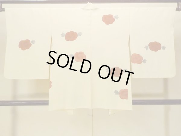 Photo3: P0109K Vintage Japanese kimono Shiny Ivory HAORI short jacket for women / Silk. Camellia (Grade B) (3)