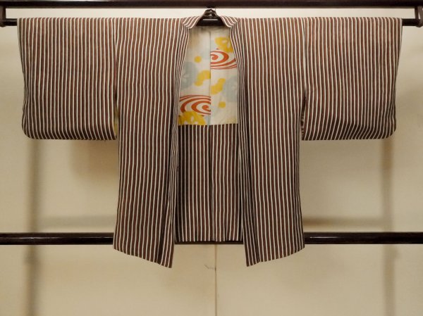 Photo1: P0109R Vintage Japanese kimono Vivid Red HAORI short jacket for women / Silk. Stripes (Grade D) (1)