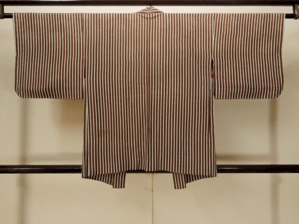 Photo2: P0109R Vintage Japanese kimono Vivid Red HAORI short jacket for women / Silk. Stripes (Grade D) (2)