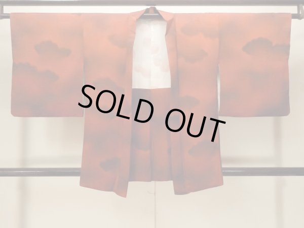 Photo1: P0109S Vintage Japanese kimono Vivid Vermilion HAORI short jacket for women / Silk. Cloud (Grade B) (1)