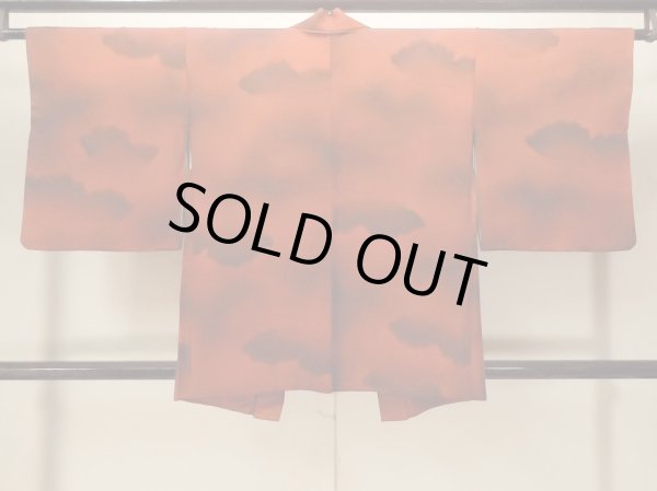 Photo2: P0109S Vintage Japanese kimono Vivid Vermilion HAORI short jacket for women / Silk. Cloud (Grade B) (2)