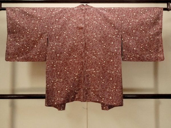 Photo2: P0109Z Vintage Japanese kimono Dark Dark Red HAORI short jacket for women / Silk. Bamboo leaf (Grade D) (2)