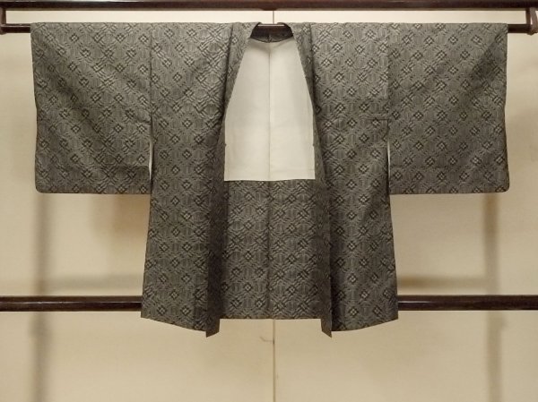 Photo1: P0110A Vintage Japanese kimono Black HAORI short jacket for women / Silk. Geometrical pattern (Grade B) (1)