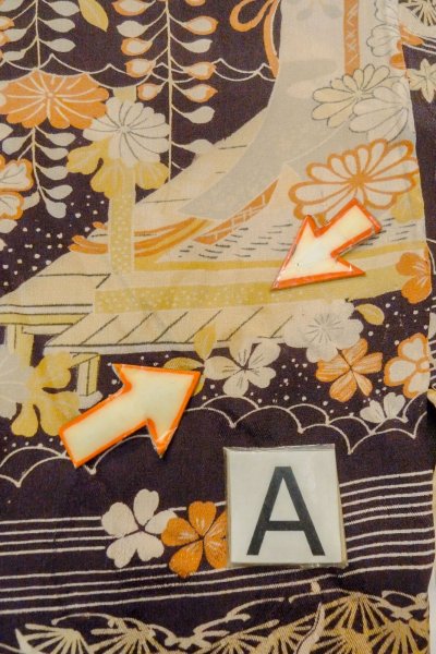 Photo15: P0120B Antique Japanese kimono Dark Wisteria HAORI short jacket for women / Silk. Chrysanthemum (Grade C) (15)