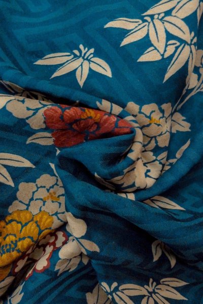 Photo12: P0120G Antique Japanese kimono Grayish Blue HAORI short jacket for women / Silk. Peony (Grade C) (12)