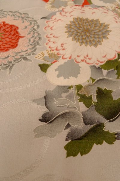 Photo10: P0120H Antique Japanese kimono Pale Gray HAORI short jacket for women / Silk. Peony, More damages. (Grade C) (10)