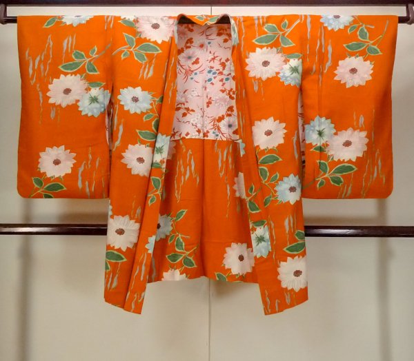 Photo1: P0120I Antique Japanese kimono Vivid Orange HAORI short jacket for women / Silk. Flower (Grade B) (1)