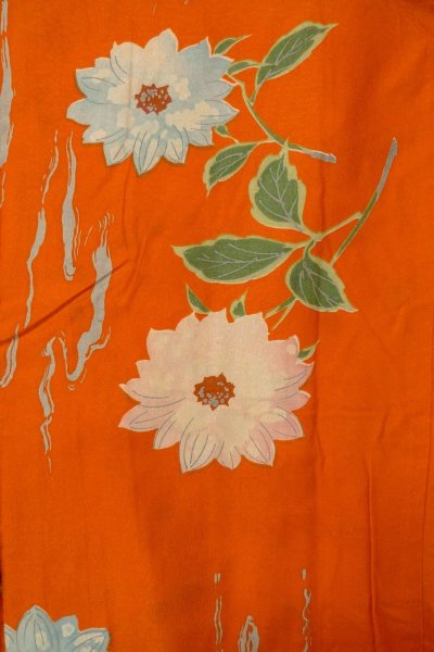 Photo3: P0120I Antique Japanese kimono Vivid Orange HAORI short jacket for women / Silk. Flower (Grade B) (3)