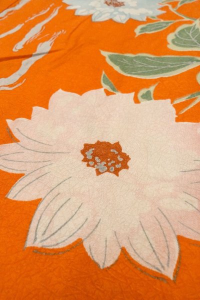 Photo9: P0120I Antique Japanese kimono Vivid Orange HAORI short jacket for women / Silk. Flower (Grade B) (9)