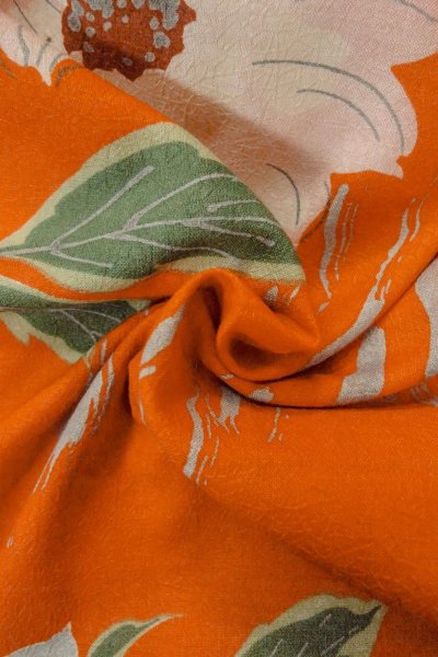 Photo12: P0120I Antique Japanese kimono Vivid Orange HAORI short jacket for women / Silk. Flower (Grade B) (12)