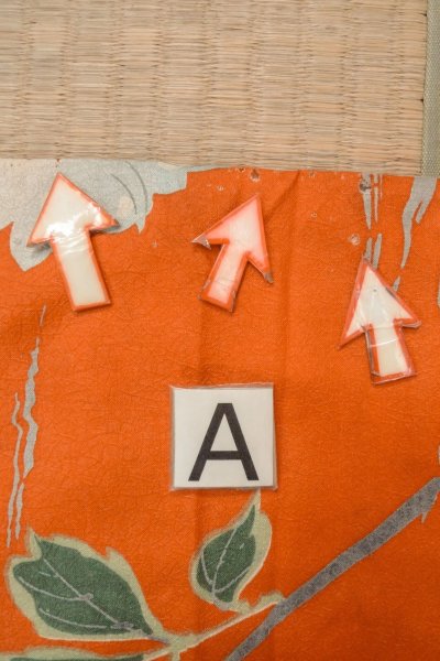 Photo14: P0120I Antique Japanese kimono Vivid Orange HAORI short jacket for women / Silk. Flower (Grade B) (14)