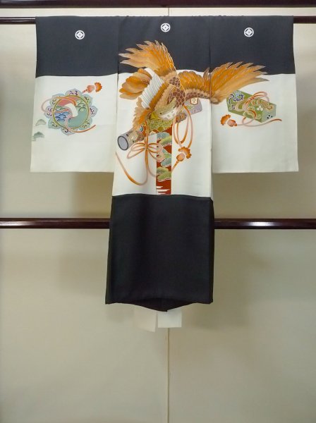 Photo1: P0123A Vintage Japanese kimono Black Kimono for Boys for men / Silk. Pine tree/branch/needle, Set with P0123B (Grade B) (1)
