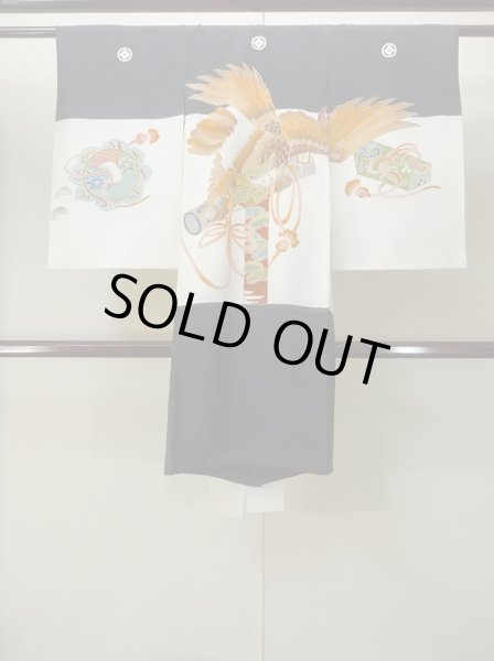 Photo1: P0123A Vintage Japanese kimono Black Kimono for Boys for men / Silk. Pine tree/branch/needle, Set with P0123B (Grade B) (1)