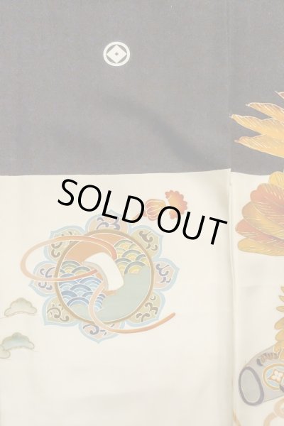 Photo4: P0123A Vintage Japanese kimono Black Kimono for Boys for men / Silk. Pine tree/branch/needle, Set with P0123B (Grade B) (4)