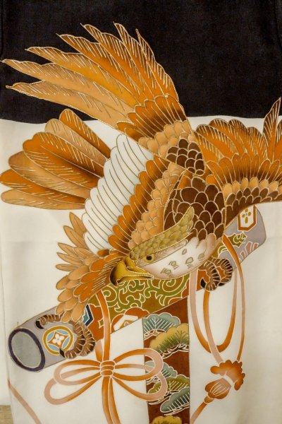 Photo5: P0123A Vintage Japanese kimono Black Kimono for Boys for men / Silk. Pine tree/branch/needle, Set with P0123B (Grade B) (5)