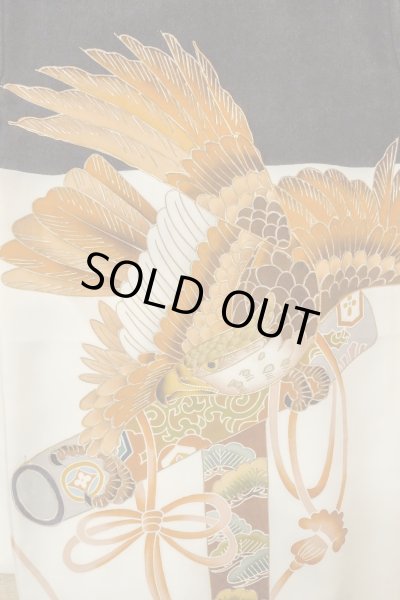 Photo5: P0123A Vintage Japanese kimono Black Kimono for Boys for men / Silk. Pine tree/branch/needle, Set with P0123B (Grade B) (5)