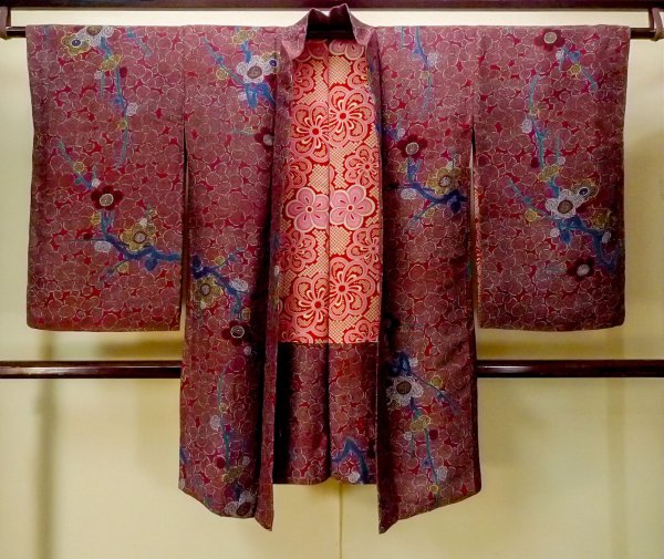 Photo1: P0123C Antique Japanese kimono Reddish Purple HAORI short jacket for women / Silk. UME plum bloom (Grade D) (1)
