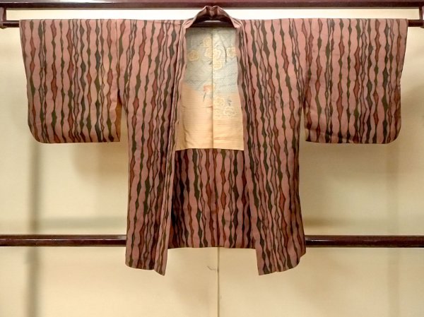 Photo1: P0123L Vintage Japanese kimono Grayish Dark Red HAORI short jacket for women / Silk. Broken ice pattern (Grade B) (1)