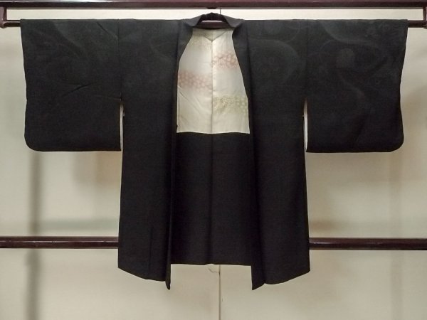 Photo1: P0123O Vintage Japanese kimono Black HAORI short jacket for women / Silk., Base woven pattern: mountain, KUMIHIMO rope with tassels, Folding fan. (Grade B) (1)