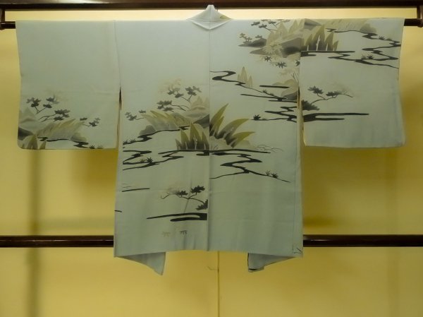 Photo2: P0123Q Vintage Japanese kimono Grayish Light Blue HAORI short jacket for women / Silk. Tall grass (Grade C) (2)