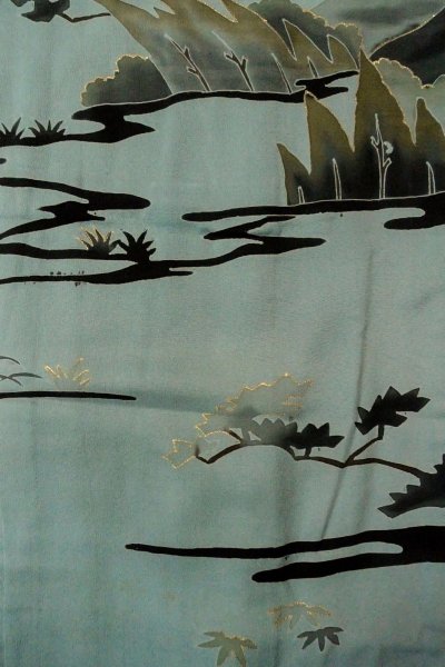 Photo4: P0123Q Vintage Japanese kimono Grayish Light Blue HAORI short jacket for women / Silk. Tall grass (Grade C) (4)