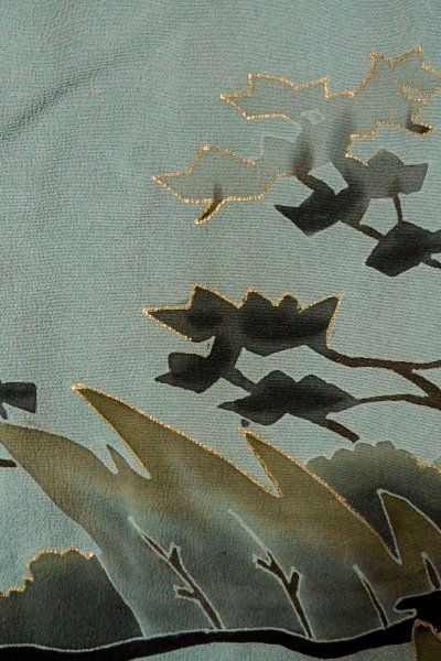 Photo5: P0123Q Vintage Japanese kimono Grayish Light Blue HAORI short jacket for women / Silk. Tall grass (Grade C) (5)