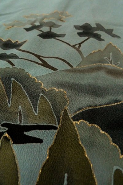 Photo8: P0123Q Vintage Japanese kimono Grayish Light Blue HAORI short jacket for women / Silk. Tall grass (Grade C) (8)