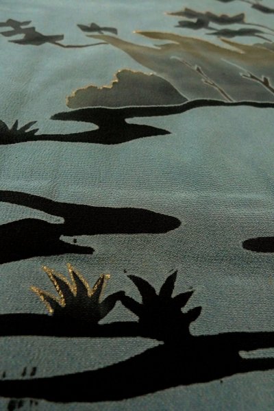 Photo9: P0123Q Vintage Japanese kimono Grayish Light Blue HAORI short jacket for women / Silk. Tall grass (Grade C) (9)