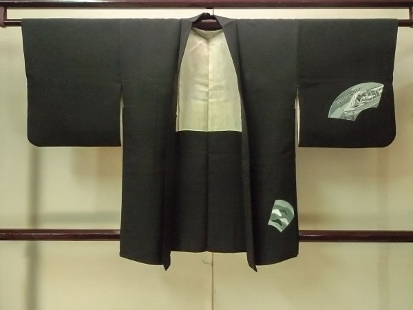 Photo1: P0123R Vintage Japanese kimono Black HAORI short jacket for women / Silk. Haze (Grade B) (1)