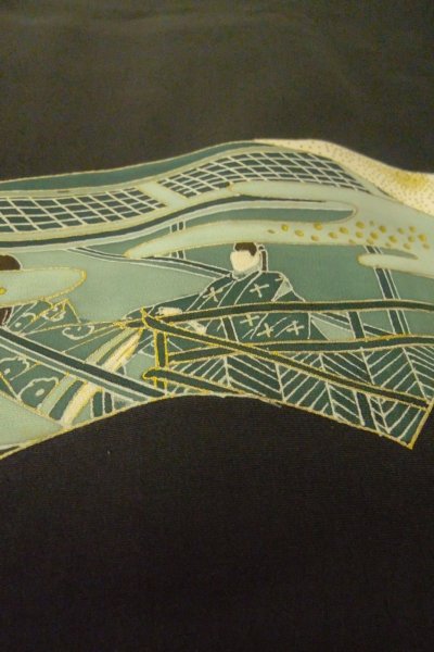 Photo8: P0123R Vintage Japanese kimono Black HAORI short jacket for women / Silk. Haze (Grade B) (8)