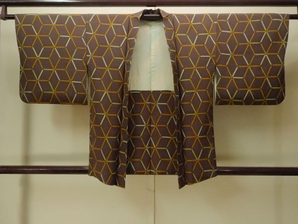 Photo1: P0123T Vintage Japanese kimono Brown HAORI short jacket for women / Silk. Hemp leaf (Grade B) (1)