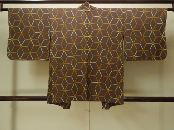 Photo2: P0123T Vintage Japanese kimono Brown HAORI short jacket for women / Silk. Hemp leaf (Grade B) (2)