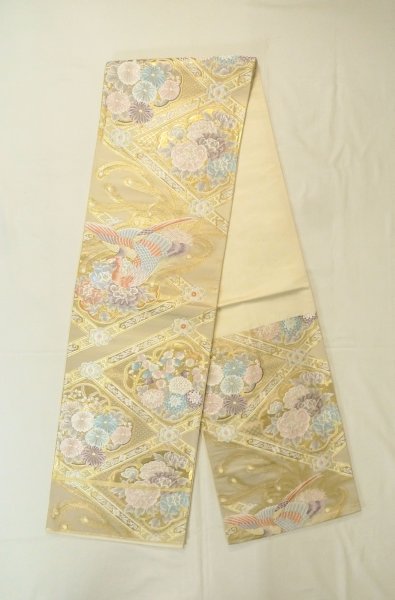 Photo1: P0206A Vintage Japanese Kimono  Shiny Gold  FUKURO OBI sash Peony Silk. (Grade B) (1)