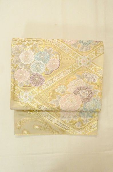 Photo2: P0206A Vintage Japanese Kimono  Shiny Gold  FUKURO OBI sash Peony Silk. (Grade B) (2)