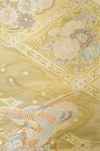 Photo4: P0206A Vintage Japanese Kimono  Shiny Gold  FUKURO OBI sash Peony Silk. (Grade B) (4)